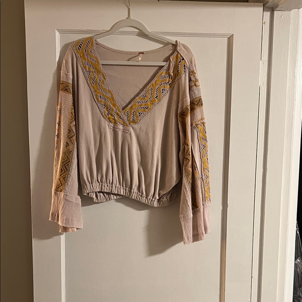Free People Embroidered V-Neck Blouse - Cream and Yellow